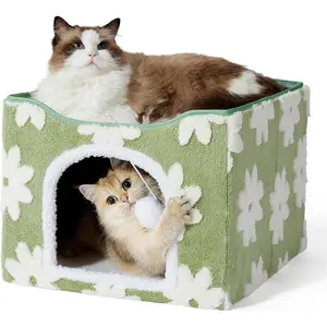 Indoor Cat Bed Kitten Home - Large Cat Cave Pet Cube with Fluffy Ball Hanging Foldable Small Animal Hideout, 16.5x16.5x 13inch , Garden Green