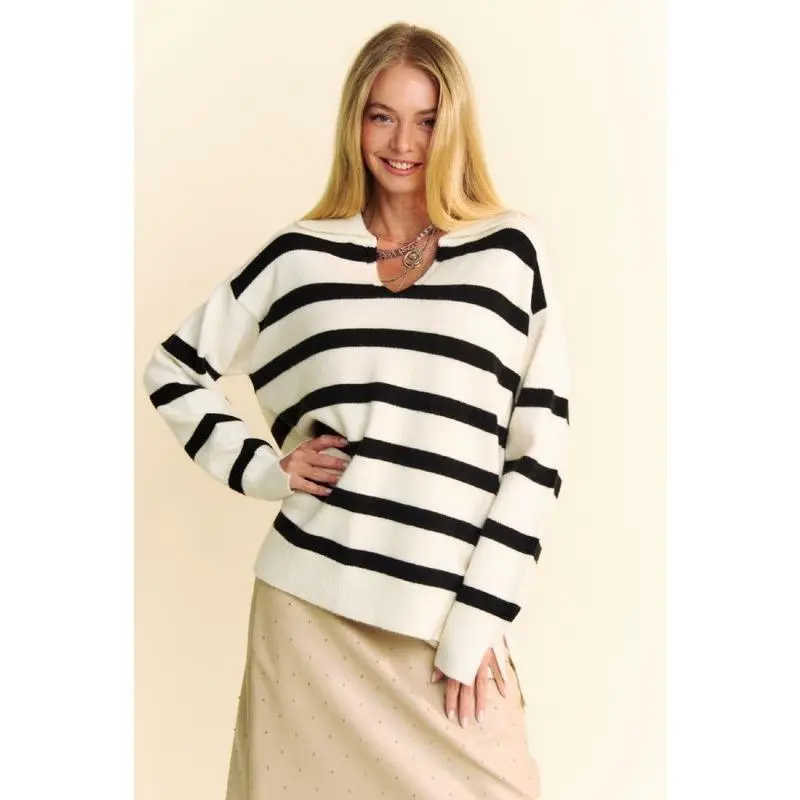 Davi & Dani High-Low Side Slit Striped Johnny Collar Sweater