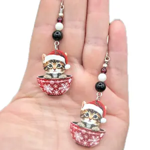 Christmas Cat Earrings Festive Red & White Beaded Design with Adorable Kitten in Santa Hat and Sweet Black Cat with Lights and Stars for Holiday Wear Hook Earrings