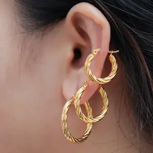 3pcs/lot 18K Gold Plated Stainless Steel Twisted Round Hoop Earrings For Women Fashion Jewelry Accessories Party Birthday Gift