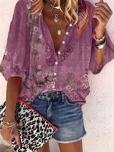 Women's Floral Print Button Front Blouse, Boho Casual Bishop Sleeve Stand Collar Top for Daily Holiday Vacation Wear, Ladies Clothes for All Seasons, Summer