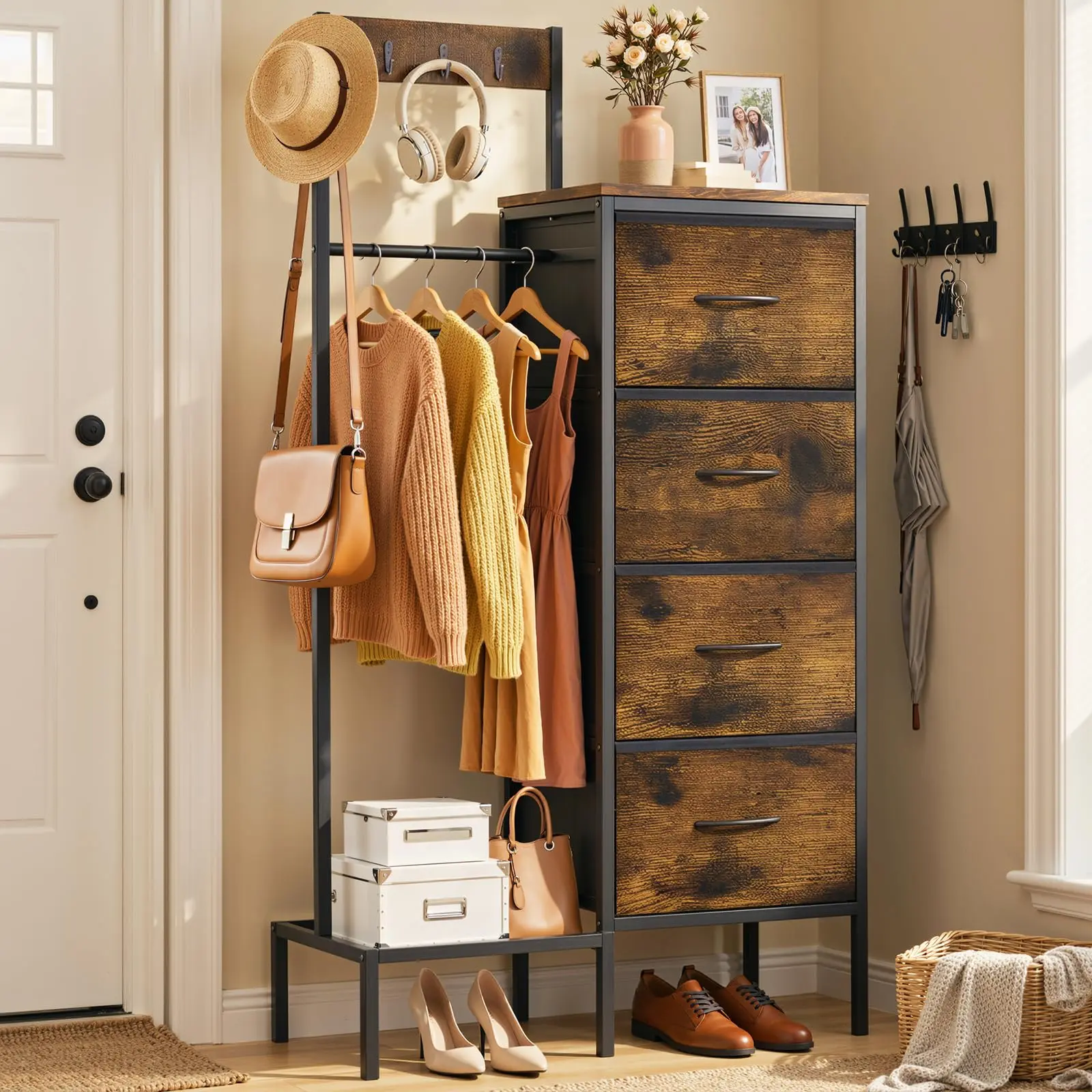 Dresser with Hanging Rack and Storage Drawers, 4 Drawer Chest with Hooks and Hat Rack, Rustic Entryway Organizer for Clothes, Bags, Shoes and Accessories