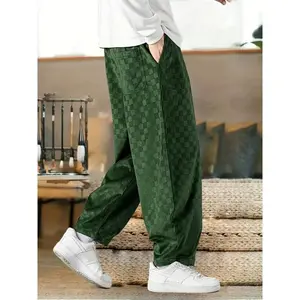 Men's Green Corduroy Wide-Leg Pants - Casual Loose Fit with Drawstring, High Street Style for Spring & Fall
