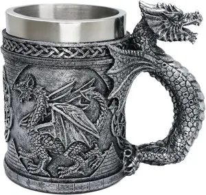 alikiki Medieval GOT Dragon Mug - Dragons Coffee Mug Gifts for Men - Viking 15.8 OZ Stainless Drinking Cup Beer Steins Dragon Themed Party Decoration