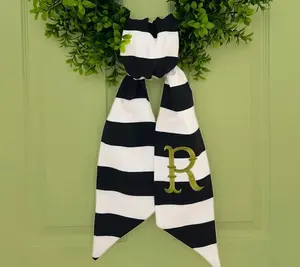 Fall black stripe monogram wreath sash for front door, personalized embroidered autumn wreath sash, custom wedding & bridal shower gift