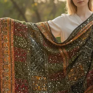 Traditional Multi-Color Embroidered Dupatta with Sequin & Mirror Detailing
