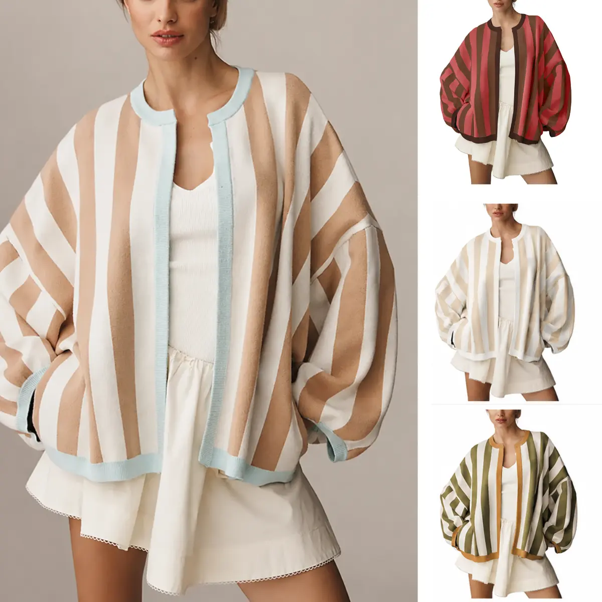 Yeokou Back to School Women's Striped Knit Cardigan, Casual Oversized Open Front Sweater, Long Balloon Sleeve, Baggy, Longsleeves, Loose, Knit Fabric