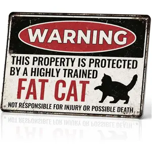 Vintage Fat Cat Warning Metal Sign - Retro Metal Tin Wall Art, Humorous Home Decor For Kitchen, Coffee Shop, Or Club