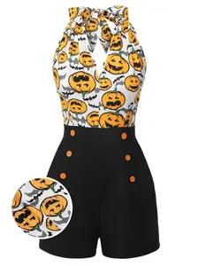 BLACK 1950S HALLOWEEN PUMPKIN HALTER ROMPER Spaghetti Strap Overalls Fitted Sleeveless Womenswear