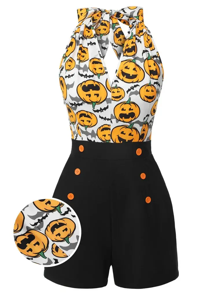 RETRO STAGE Women's 1950s Vintage Pumpkin Print Romper, Sleeveless Halter Neck Polyester Halloween Costume with Concealed Back Zipper, Lady
