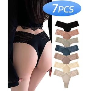 7 Piece Women's Lace thongs Low Rise Panty Set, Cotton Women's Underwear, Sexy No Show Soft Seamless Bikini Women's Underwear, Breathable Casual Daily Use Womenswear Everyday Elegance Lingerie Fits
