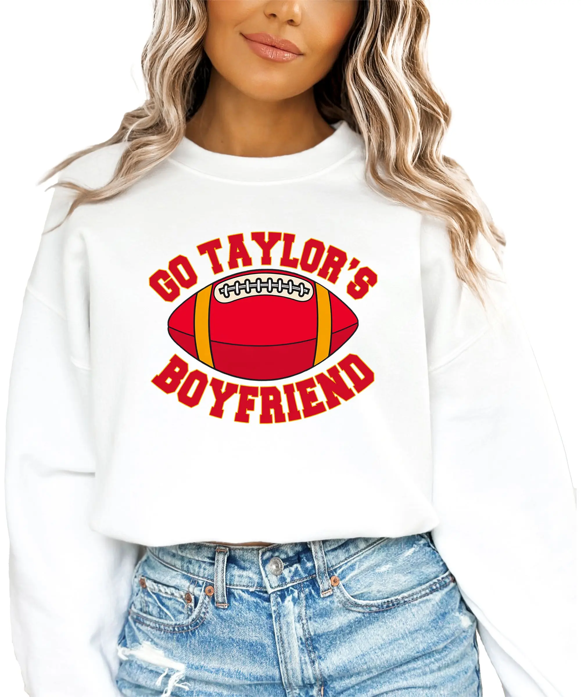Go Taylor’s Boyfriend Sweatshirt for Women - Matching Game Day Crewneck - Red and Gold Team Colors Fall Sports Sweater