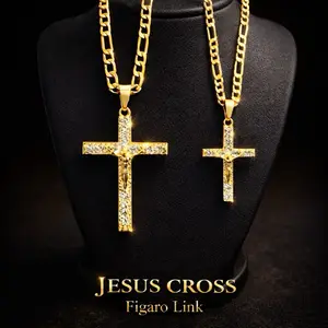 14K Gold Plated Figaro Link Chain 24 Inch 4mm Religious Cross Jesus Christ Crucifix Pendant Iced Brass with CZ Diamonds for Hip Hop Jewelry Big Crucifix Figaro Link Chain All Occasions