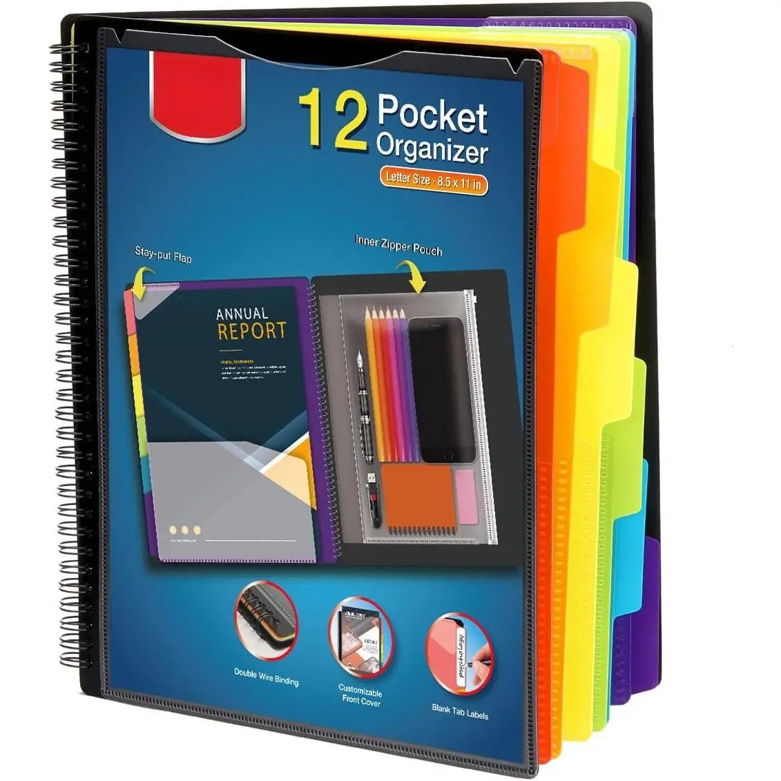 12 Pocket Poly Project Organizer, Spiral Multi Pocket Folder Organizer, Multi-Subject Folder Notebook, Letter Size