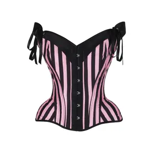 Top Drawer Pink/Black Striped Steel Boned Corset w/Straps