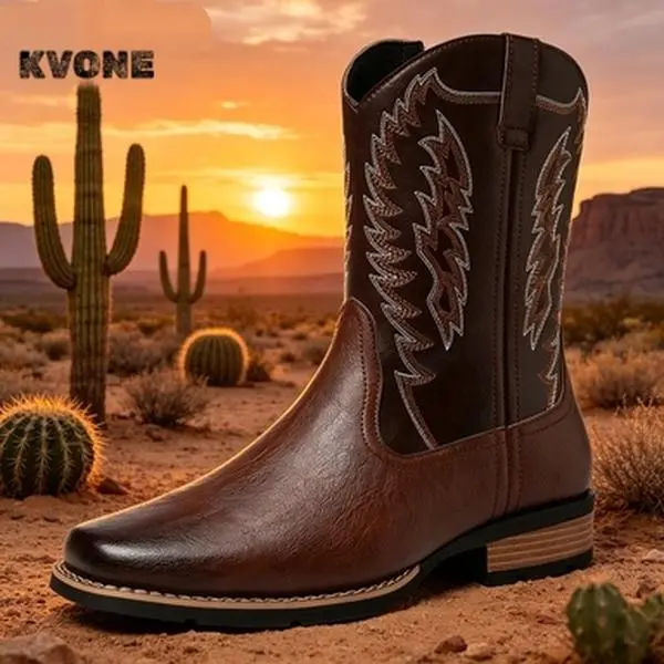 KVONE-Versatile Western Boots for Men,comfortable security footwear,Square Toe Slip-on Chelsea Ankle Boots, British Retro Work Boots, Versatile for Various Occasions.