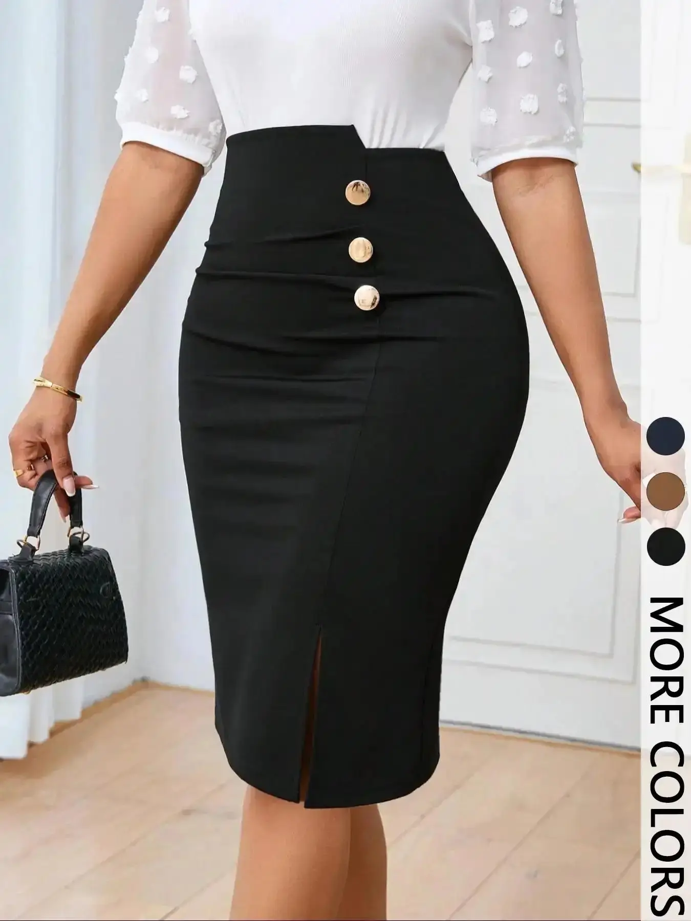 Women's Commuting Minimalist Chic Basic Solid Color Skirt, Button-Front Fitted Pencil Skirt, Fashion Button Asymmetrical Skirt for All-season