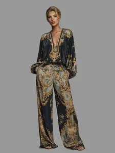 LikeMychoice Retro Baroque Print Deep V-Neck Relaxed Fit Blouse & High-Waisted Wide-Leg Pants for Womenswear Clothes Suits Top Casual Set Daily Outfit