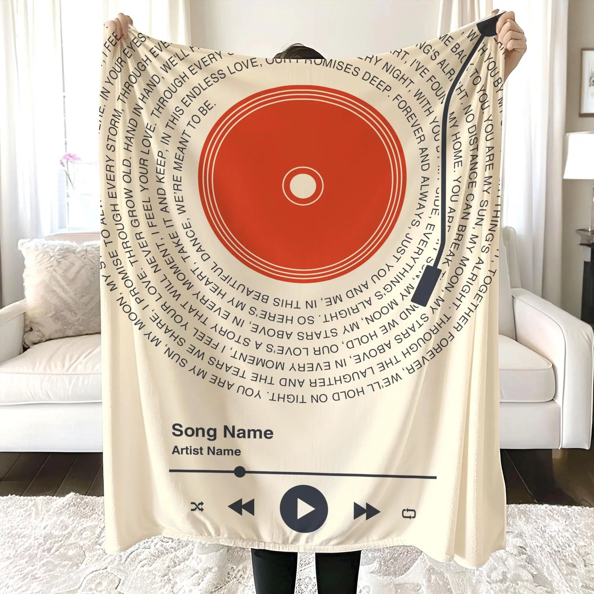 Personalized Music Lyrics Flannel Throw Blanket with Custom Song Vinyl Lyrics Design for Couples featuring Girlfriend Anniversary Wedding Valentine Themes Soft Custom Music Bedding Romantic Song Decor and Personalized Keepsake