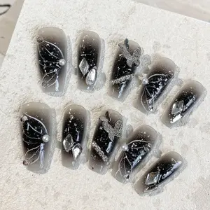 10pcs Long Coffin Shaped False Nails, Dark to Gradient Blush, Butterfly Silver Color Foil, Rhinestones, Reusable Nail Art Set