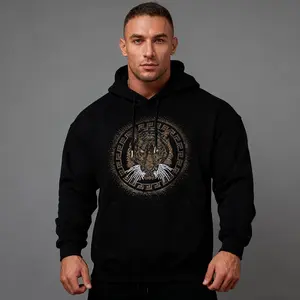 Rhinestone Tiger Wolf Hoodie | Black & White Streetwear Pullover | Greek Key Pattern | Premium Fleece | Trendy Hip-Hop Casual Sweatshirt | Relaxed Fit Hooded Top | Urban Fashion Must-Have For Men