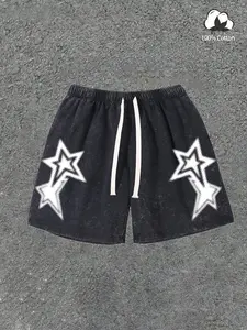 Unisex Vintage Star Print Drawstring Casual Shorts, American High Street Y2K Style, Loose Fit Wide Leg Pants, Couple Summer Streetwear, Menswear