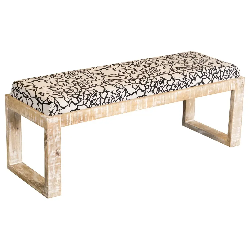 Aiden Fabric Upholstered Rustic Accent Bench, Black and White Distressed Finish, Weathered Wood Design for Living Space
