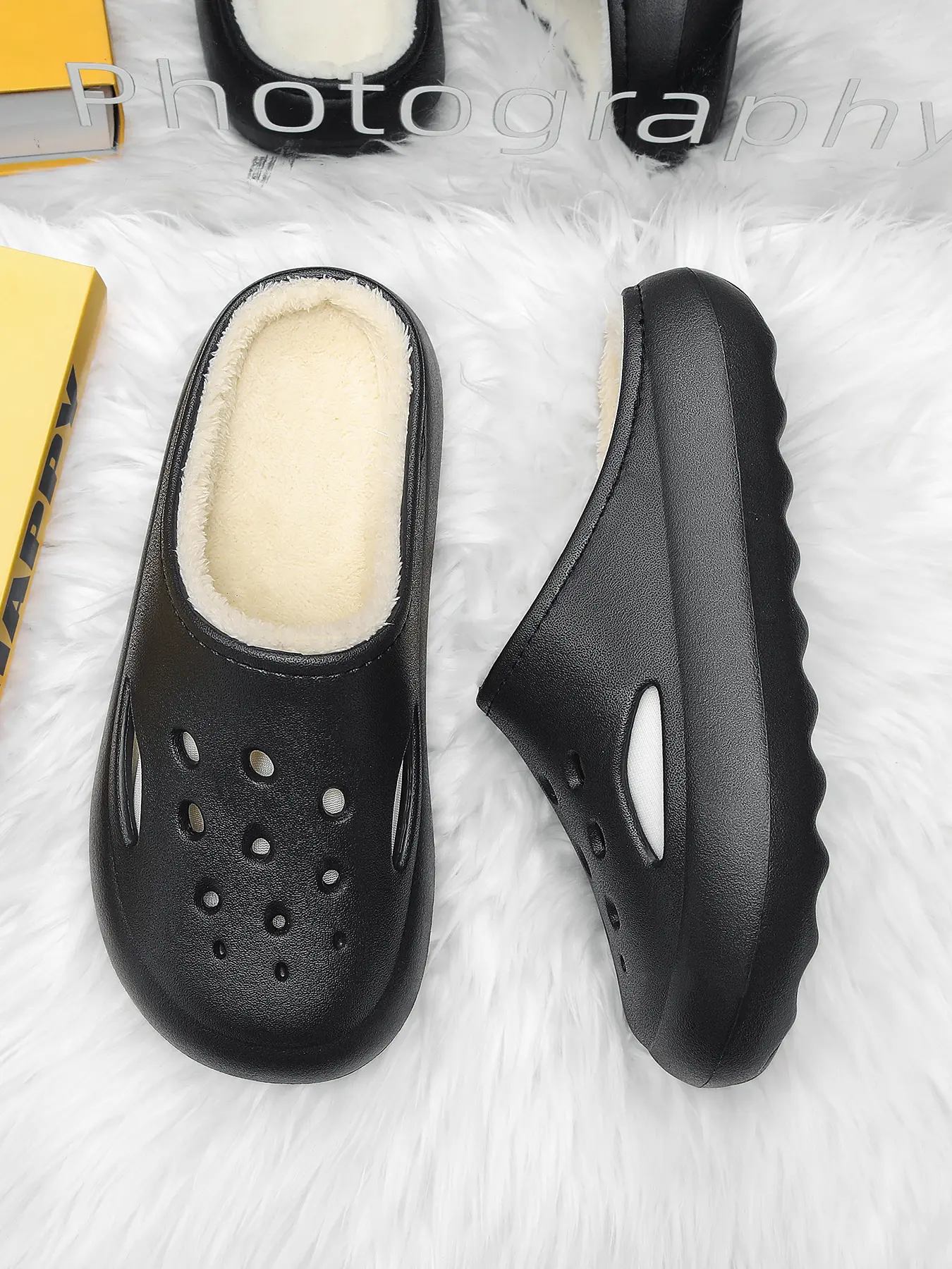 Unisex Winter Warm Fur Lined Slippers Clogs, Comfortable Outdoor Shoes, Durable Simple Design, Perfect for Hiking & Camping