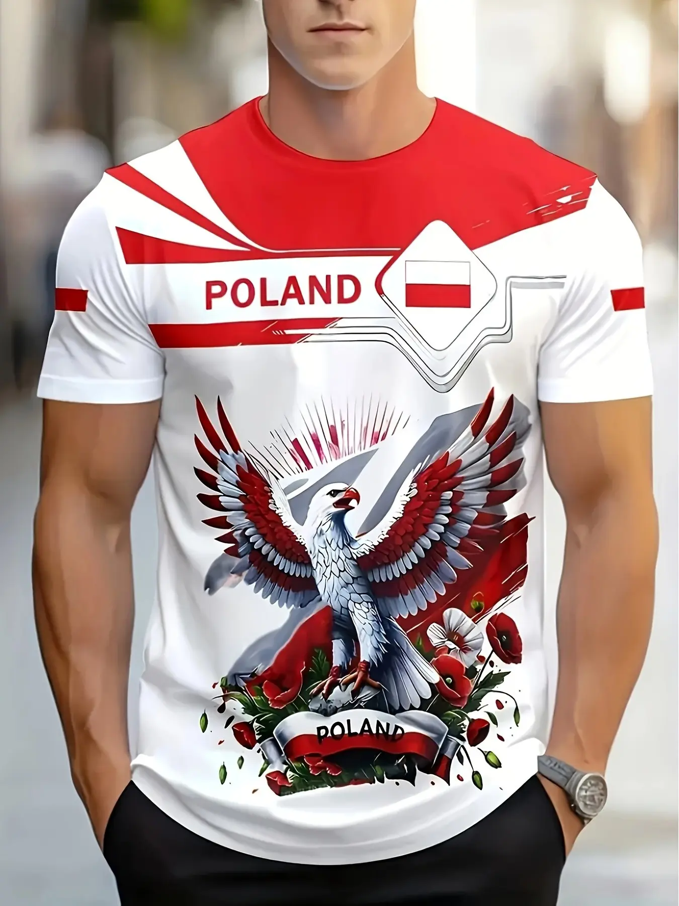 Men's Poland Eagle Print Collared T-Shirt, Casual Streetwear Loose-Fitting Short Sleeve Tee, Menswear, Perfect for Parties, Gatherings, Beach Outings
