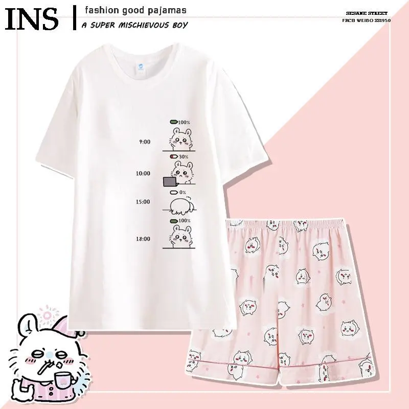 Anime Usag Hachiware Summer thin pajamas round neck Loose long-sleeved shirt and pants Cute cartoon pattern household clothes