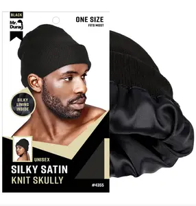 Mr. Durag Silky Satin Knit Skully Beanie - Adjustable, Stylish Black Solid Color, Soft Lightweight Premium Headwear (04355) | Knit Hats, Beanie Fitted, High Quality Hat, Premium Caps