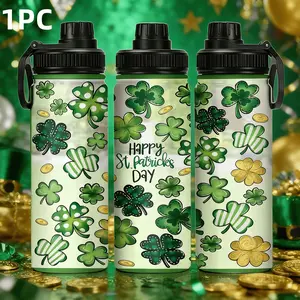 1pc 20oz St Patrick's Day Lucky Clover Stainless Steel Insulated Cup, Large Capacity Portable Outdoor Water Bottle, Sport Style with Handle