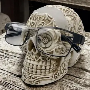 Top Brass Skull Eyeglasses Holder – 4” Tall Gothic Skull-Shaped Glasses Stand with Carved Floral Scroll / Flower Design, Resin Home Office Decor