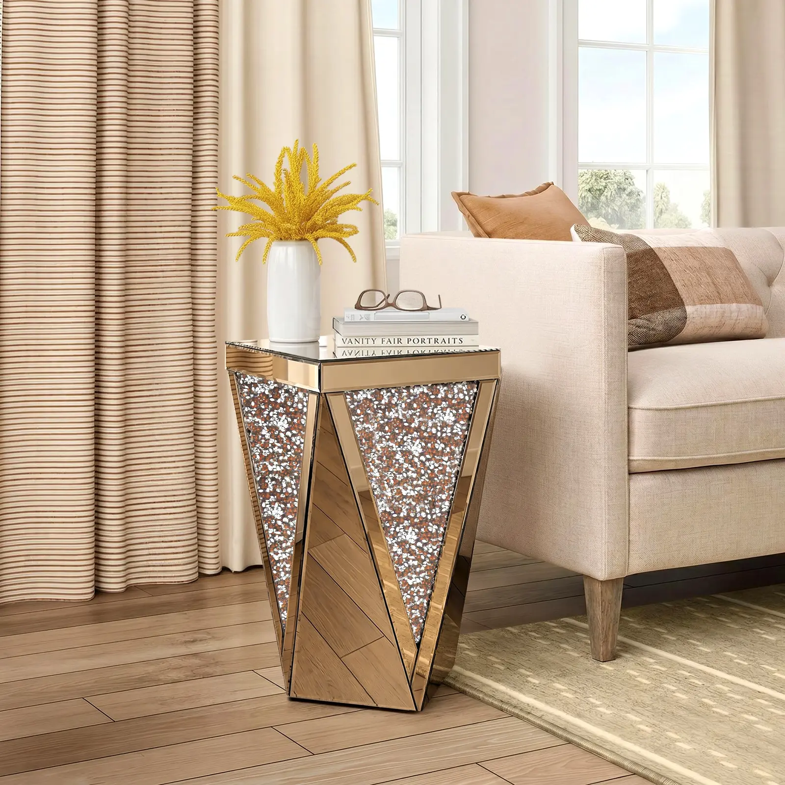 20-inch high golden mirror diamond art decorative side table, coffee table, square trapezoidal decorative corner table suitable for living room and bedroom decoration - essential for gifting and home decoration