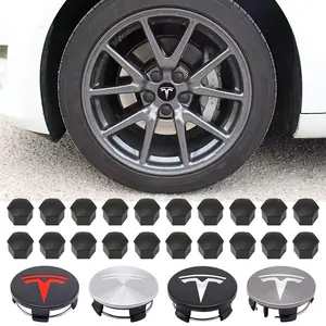 Tesla Car HUB Center Emblem Cover + Valve Cap Set, Fits Model3/y/s/x, Car Modification Accessories, Ca Prop 65 Compliant
