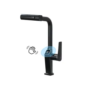 LED Touchless Kitchen Faucet with Pull Out Sprayer, Motion Sensor Kitchen Sink Faucet, Real-Time Temperature Display, 3 Function Stream Rain Sweep Spray Head, 360° Rotating Kitchen Faucet for Modern Kitchen Sink
