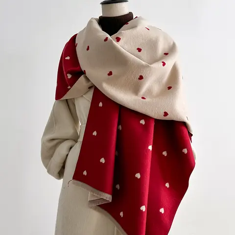 Colorful Heart Pattern Print Shawl, Casual Soft Shawl, Soft Fitted Scarf for Fall & Winter, Casual Fashionable Scarf, Fashion Accessory for Women & Girls, Valentine's Day Gift, Shawl Wrap, Soft Warm Shawl