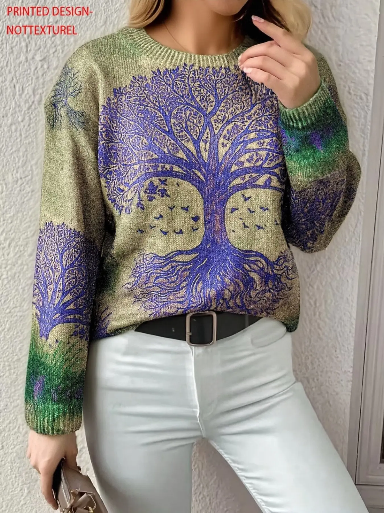 Women's Vintage Bohemian Floral Striped Sweater, Long Sleeve Comfortable Pullover, Casual Daily Wear, Textured Knitted Top