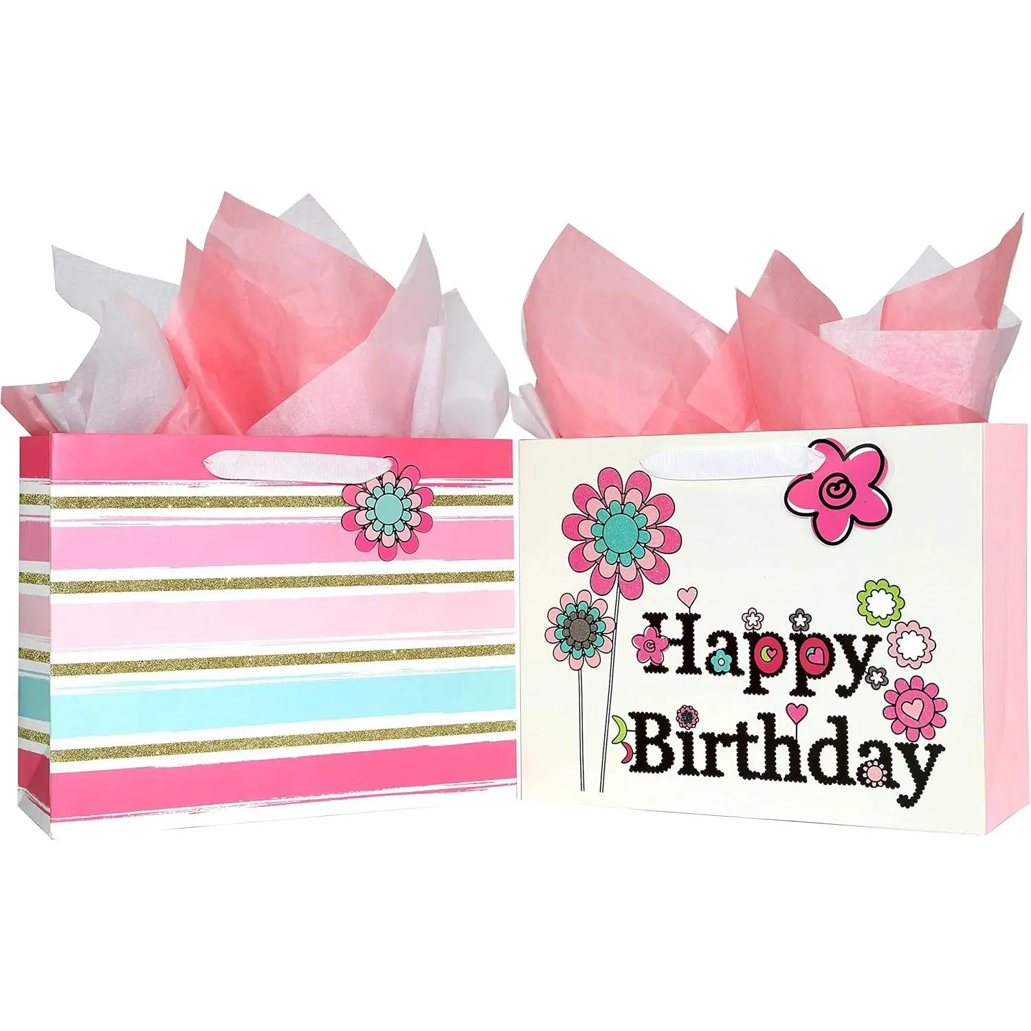 13" Large  Bags for Birthday Party with Tissue Paper(2 Pack, Flower with Happy Birthday)