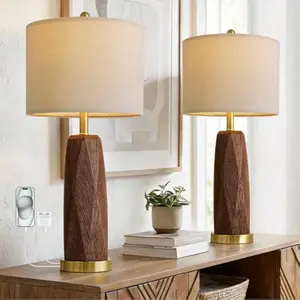 27.5" Table Lamps Set of 2 with USB-A & USB-C Charging Ports, Wood Texture Resin Bedside Lamps with Linen Shade & Rotary Switch, Tall Nightstand Lamps for Bedroom, Living Room Office