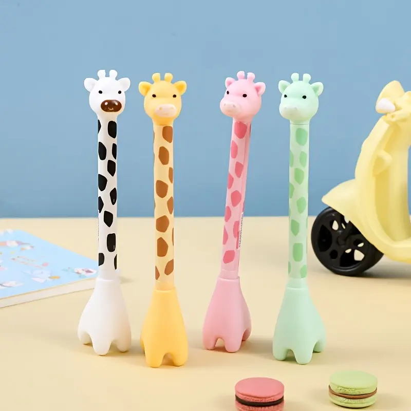 4Pcs Giraffe Shaped Ballpoint Pen, Cute Cartoon Animal Pen, Funny Teacher Pens, Black Ink Creative Base Design, Writing Tools, Suitable for School Student Party Office