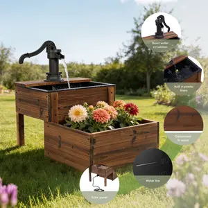 ZOPATICO Rustic Carbonized Wood Water Pump Fountain with Planter Box, Vintage Outdoor Water Feature, Solar/Plug-in Hand Pump Decorative Fountain, Perfect for Garden Yard Backyard & Farmhouse Decor, Multi-Use Plant Box for Flowers Herbs