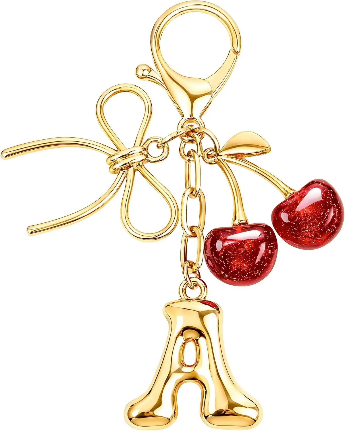 Lightweight Female Alloy-Resin Glitter Cherry Initial Charm Keychain with Bow-Shaped Gold Clip, Car Interior Decoration Accessory, Birthday Gift Ideas for Mom
