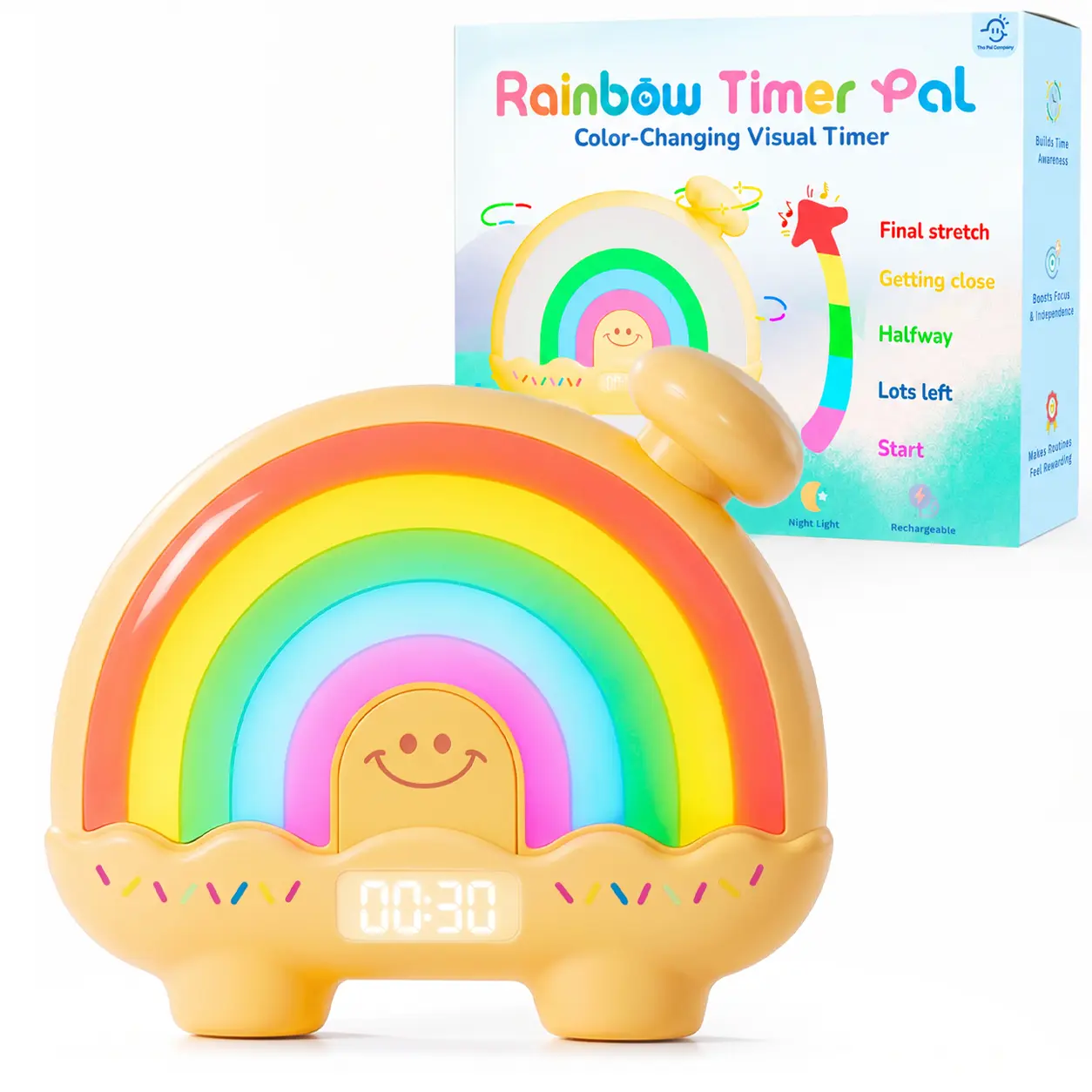 Rainbow Timer Pal – Rainbow Visual Timer for Kids, Silent 1–99 Min Countdown Clock with Color-Changing Night Light, Magnetic Back, Calm Corner Tool for Classroom & Home