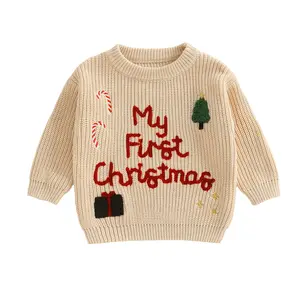 Kids Toddler Baby Girls Christmas Knit Sweater Long Sleeve O Neck Letter Present Box Tree Candy Cane Embroidery Pullover Knitwear