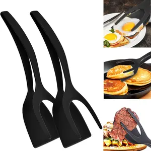 BRODARK 2-in-1 Silicone Shovel & Tweezers Tongs - Black Egg Flipper Pancake Steak Turner Omelet Maker Spatula Fish French Toast Tongs for Home Kitchen Cooking Tools Utensils