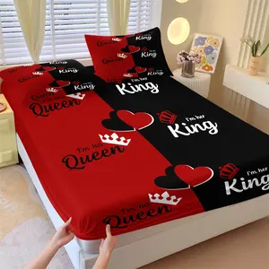 King&Queen Love-heart Fitted Sheet Set, Includes One BedSpread and Two Pillowcases, Personality Crown Valentine's Day Bedcap, Red-black Contrast Romantic Wedding Room Bedding, Soft Skin-Friendly, All Seasons Use, Breathable Sheets