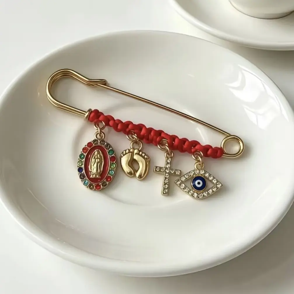 New protective brooches, suitable as religious charms for pregnant women and babies, pregnancy-safe brooches – featuring the Virgin Mary, crosses, and evil eye belly pin ornaments