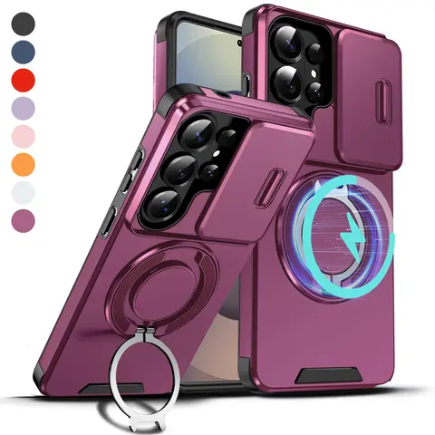 [Free!!Ship!] Slide Camera Lens Protective Case for Samsung Galaxy S26 Ultra S25 S24 S23 S22 S21 Mag Safe 360 Degree Ring Kickstand Shockproof Phone Cover