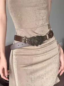 Women's Y2K Style Wide Belt, Vintage American Retro Design, Versatile Carved Waistband Accessory, Perfect for Daily Wear, Pu Buckle Belt
